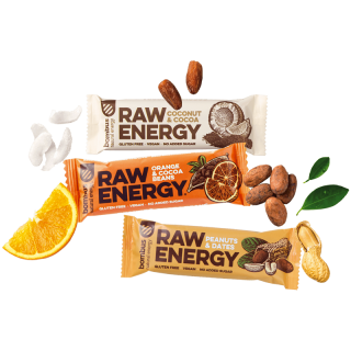 Bombus RAW ENERGY 2+1 ZDARMA (RAW datlové tyčinky 3ks - balení obsahuje 1x kokos-kakao 50g, 1x pomeranč-kakao 50g, 1x arašídy-datle 50g)