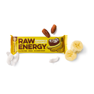 Bombus RAW ENERGY Banana  Coconut 50g (Tyčinka z datlí, banánu a kokosu, bez konzervačních látek, lepku, mléka, sóji a přidaného cukru. )