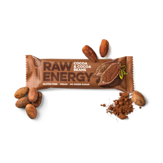 Bombus RAW ENERGY Cocoa  Cocoa beans 50g (Tyčinka ze sušeného ovoce a kakaových bobů, bez konzervačních látek, lepku, mléka, sóji a přidaného cukru. Obsahuje pouze přirozeně se vyskytující cukry.)