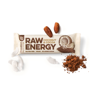 Bombus RAW ENERGY Coconut  Cocoa 50g (Tyčinka z datlí, kokosu a kakaa, bez konzervačních látek, lepku, mléka, sóji a přidaného cukru. )