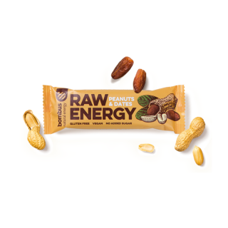 Bombus RAW ENERGY Peanuts  Dates 50g (Tyčinka ze sušeného ovoce, arašídů a datlí, bez konzervačních látek, lepku, mléka, sóji a přidaného cukru. )