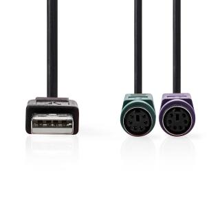 Kabel 2 v 1 | USB 2.0 | USB-A Zástrčka | 2x PS/2 Zásuvka | 480 Mbps | 0.30 m | Poniklované | Kulatý | PVC | Černá | Box