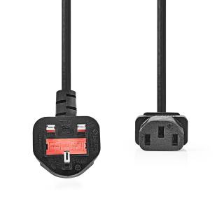 Napájecí kabel | UK Zástrčka | IEC-320-C13 | Úhlový | Přímý | Poniklované | 2.00 m | Kulatý | PVC | Černá | Label