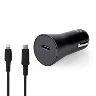 Nedis CCPDL20W111BK automobilový USB nabíjecí adaptér 1.67 A / 2.22 A / 3 A PowerDelivery 3.0 / USB-C, kabel Lightning 8-Pin 1m  / černá