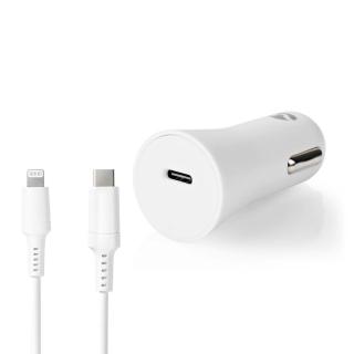 Nedis CCPDL20W111WT automobilový USB nabíjecí adaptér 1.67 A / 2.22 A / 3 A PowerDelivery 3.0 / USB-C™, kabel Lightning 8-Pin 1m  / bílá