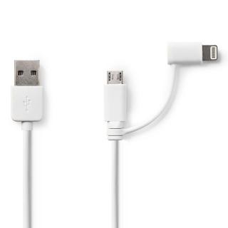 Nedis synchronizační a nabíjecí kabel 2 v 1, zástrčka USB A - zástrčka Micro B + zástrčka Apple Lightning 8-pin, 1 m, bílá (CCGP39400WT10)