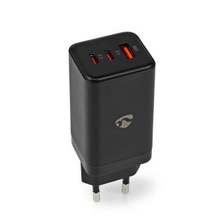 Nedis WCGPD65W100BK 65 W GaN rychlý USB nabíjecí adaptér 3 A / 3.25 A / 1x USB-A / 2x USB-C / černá