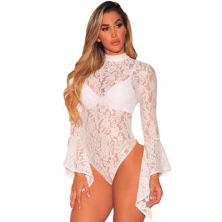 Dámské Body White Sheer Floral Lace Long Bell Sleeve Bodysuit Velikost: M (40-42)