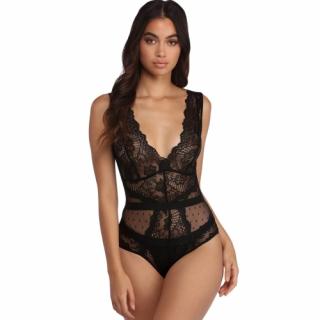 Dámské sexy body Black Scalloped Deep V Neck Lace Bodysuit Velikost: M (40-42)