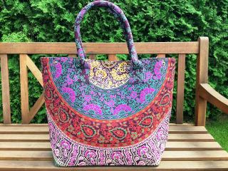 Mahari - Textilní taška s mandalou - fialovo-modrá, velká kabelka, plážová taška, indická kabelka, DOPRAVA ZDARMA