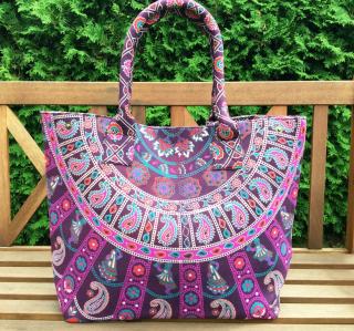 Mahari textilní taška s mandalou - velká kabelka, plážová taška, indická kabelka, fialová, DOPRAVA ZDARMA