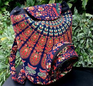 Textilní batoh Mahari s mandalou - indický baťůžek, oranžová paví péra, DOPRAVA ZDARMA