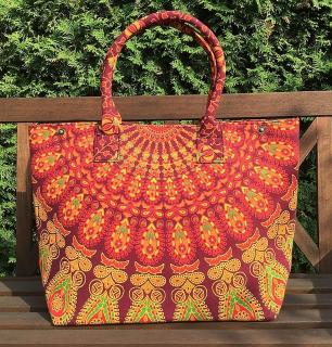 Textilní taška s mandalou  Mahari - velká kabelka, plážová taška, indická kabelka, oranžová, DOPRAVA ZDARMA