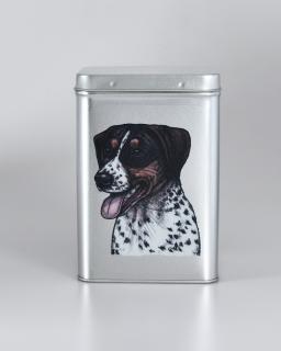 Plechová dóza - český strakatý pes (objem 1,5 l)