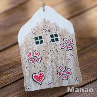 Zimní domeček ( chaloupka s cukrovím k zavěšení 4 (Dřevěný, ručně malovaný dárek)