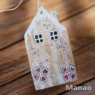 Zimní domeček ( chaloupka s cukrovím k zavěšení 5 (Dřevěný, ručně malovaný dárek)