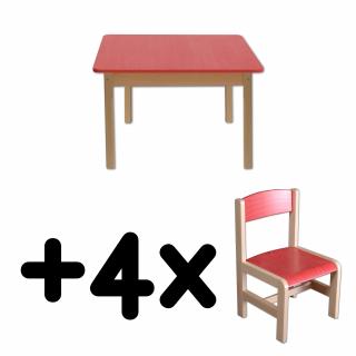 Stůl DANY, čtverec, červená deska + 4 židličky