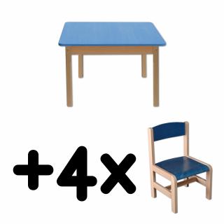 Stůl DANY, čtverec, modrá deska + 4 židličky