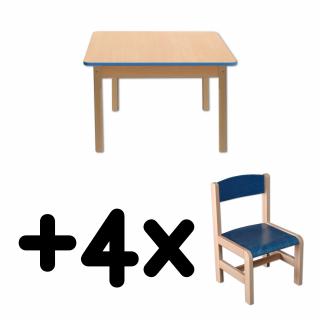 Stůl DANY, čtverec, modrá hrana + 4 židličky