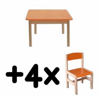Stůl DANY, čtverec, oranžová deska + 4 židličky
