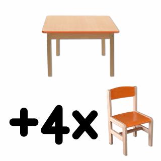 Stůl DANY, čtverec, oranžová hrana + 4 židličky