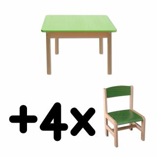 Stůl DANY, čtverec, zelená deska + 4 židličky