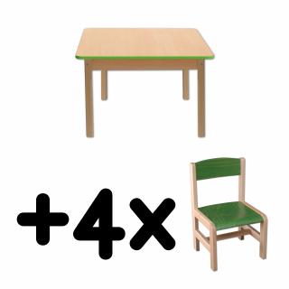 Stůl DANY, čtverec, zelená hrana + 4 židličky
