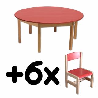 Stůl DANY, kruh, červená deska + 6 židliček