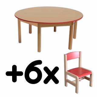 Stůl DANY, kruh, červená hrana + 6 židliček