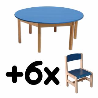 Stůl DANY, kruh, modrá deska + 6 židliček