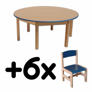 Stůl DANY, kruh, modrá hrana + 6 židliček