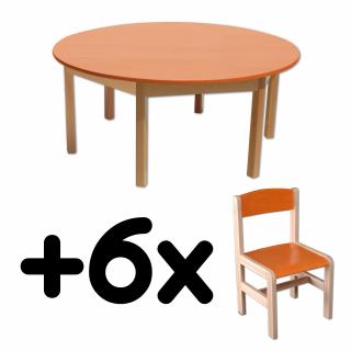 Stůl DANY, kruh, oranžová deska + 6 židliček