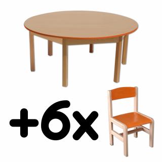 Stůl DANY, kruh, oranžová hrana + 6 židliček