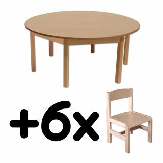 Stůl DANY, kruh, přírodní + 6 židliček