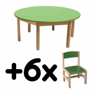 Stůl DANY, kruh, zelená deska + 6 židliček