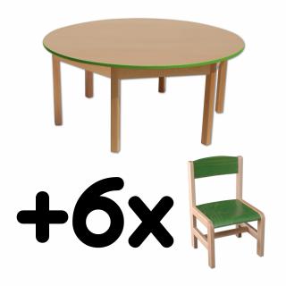 Stůl DANY, kruh, zelená hrana + 6 židliček