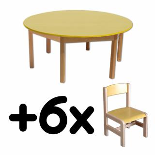 Stůl DANY, kruh, žlutá deska + 6 židliček