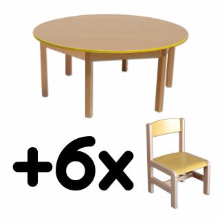 Stůl DANY, kruh, žlutá hrana + 6 židliček