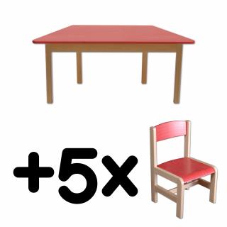 Stůl DANY, lichoběžník, červená deska + 5 židliček