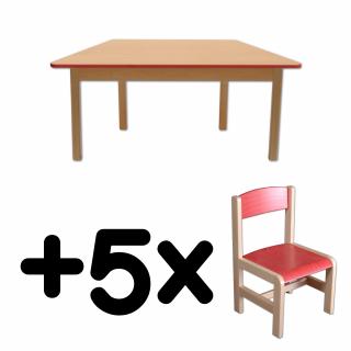 Stůl DANY, lichoběžník, červená hrana + 5 židliček