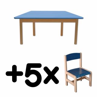 Stůl DANY, lichoběžník, modrá deska + 5 židliček