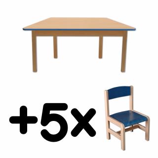 Stůl DANY, lichoběžník, modrá hrana + 5 židliček