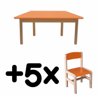 Stůl DANY, lichoběžník, oranžová deska + 5 židliček