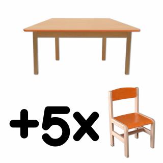 Stůl DANY, lichoběžník, oranžová hrana + 5 židliček