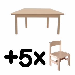 Stůl DANY, lichoběžník, přírodní + 5 židliček
