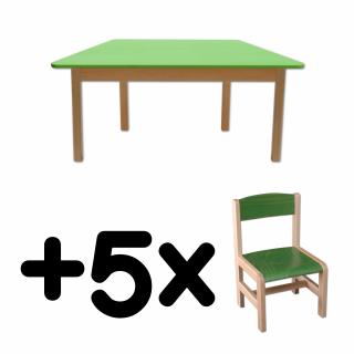 Stůl DANY, lichoběžník, zelená deska + 5 židliček