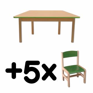 Stůl DANY, lichoběžník, zelená hrana + 5 židliček