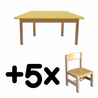 Stůl DANY, lichoběžník, žlutá deska + 5 židliček
