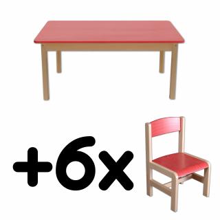 Stůl DANY, obdélník, červená deska + 6 židliček