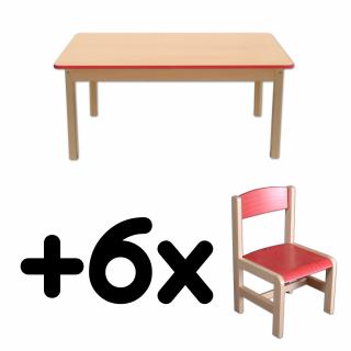 Stůl DANY, obdélník, červená hrana + 6 židliček